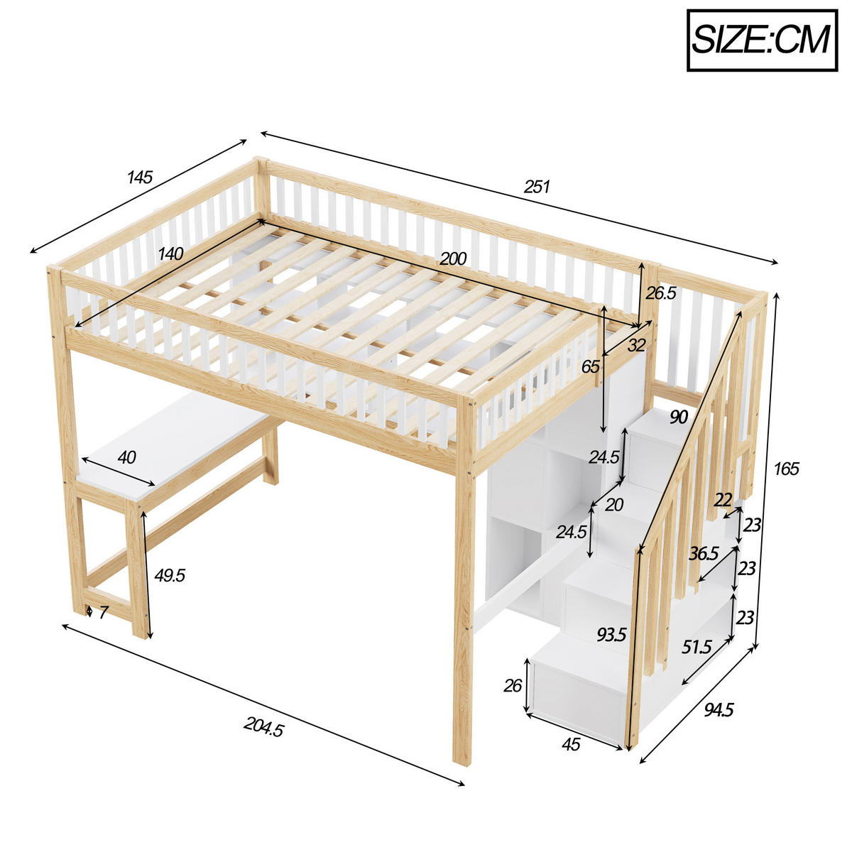 HOCHBETT 140/200 cm Weiß/Natur aus Kiefernholz und MDF mit Schreibtisch - Weiß, Holz (140/200cm) - OKMYHOME