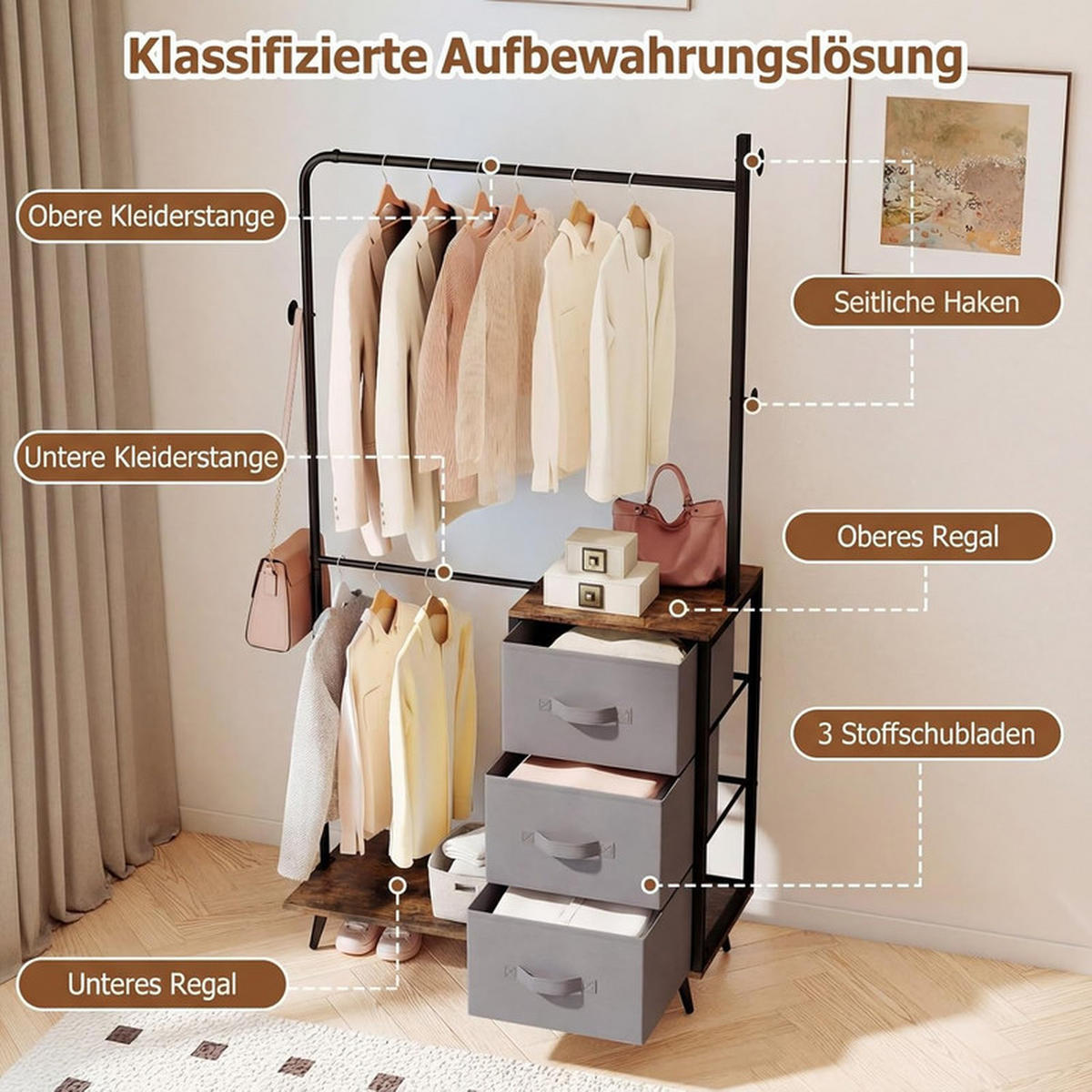GARDEROBENSTÄNDER mit 2 Ablagefächern schwarz - Schwarz, Metall (95/175/40cm) - COSTWAY