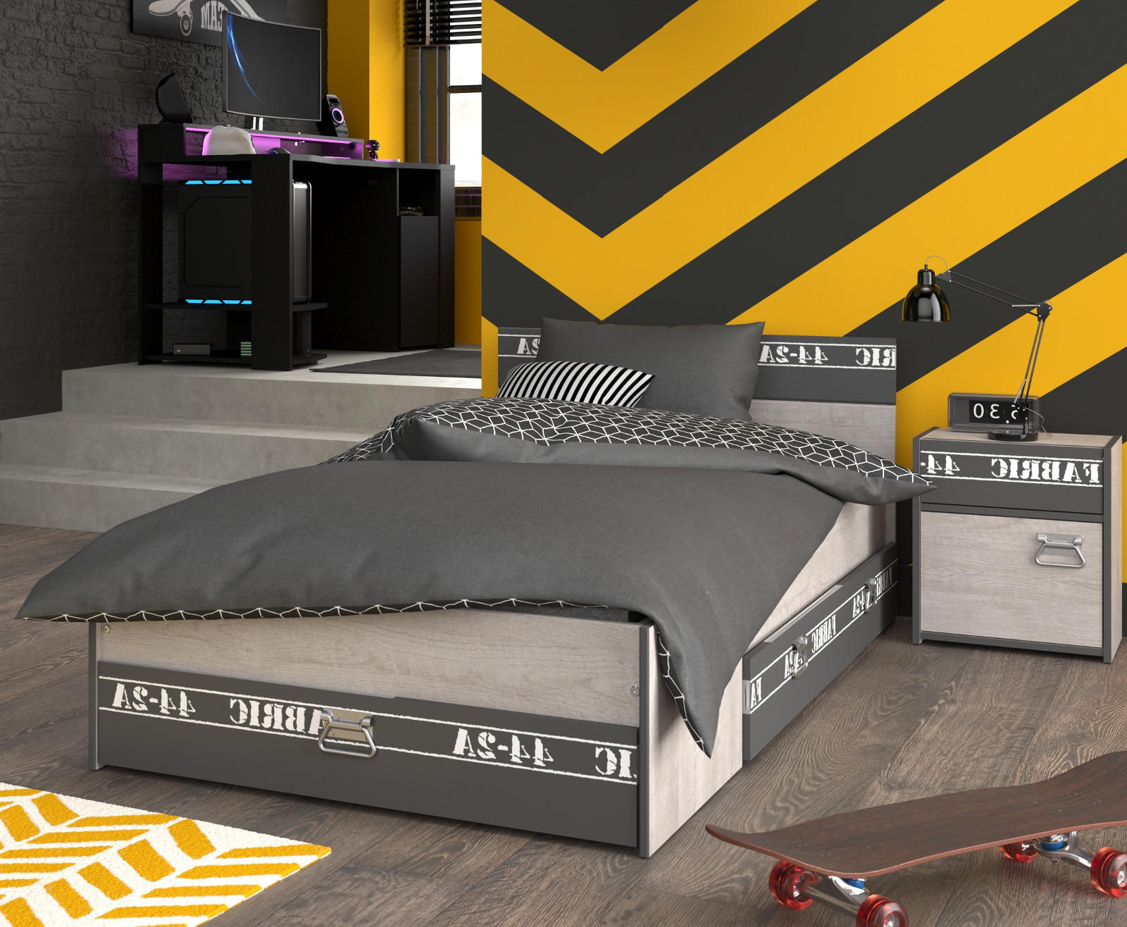 JUGENDZIMMER Set 4-tlg mit Gamingtisch Bett 90 x 200 Kommode - Chromfarben/Eschefarben, Holzwerkstoff/Kunststoff (99/87/207cm) - Parisot Meuble