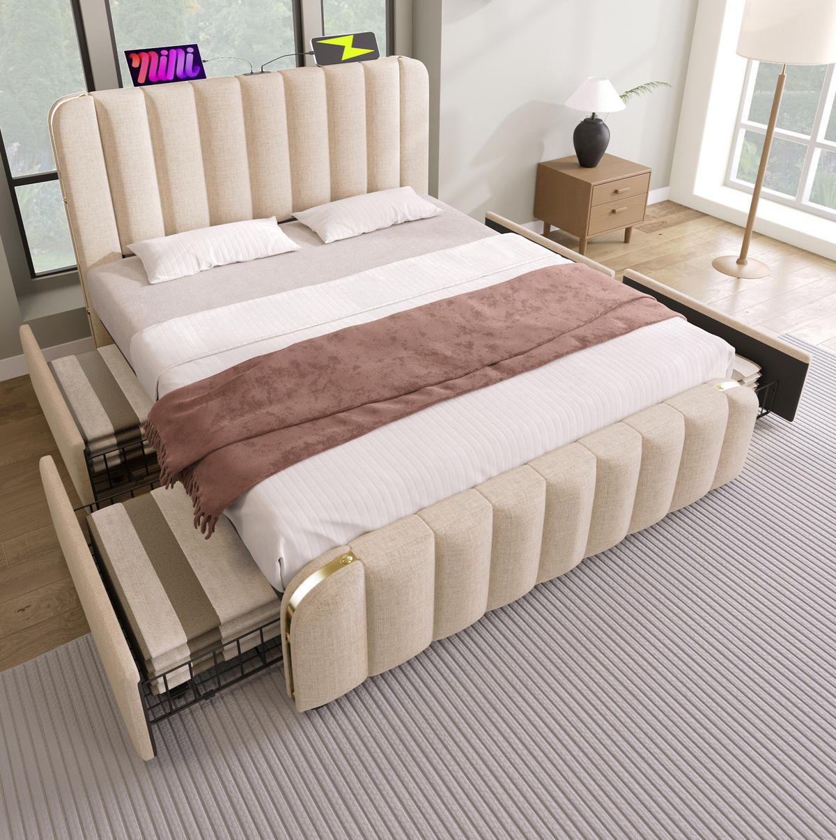 POLSTERBETT aus Leinen 160x200 cm in Beige mit USB- & Typ-C-Ladefunktion - Beige, Textil (160/200cm) - Modfu