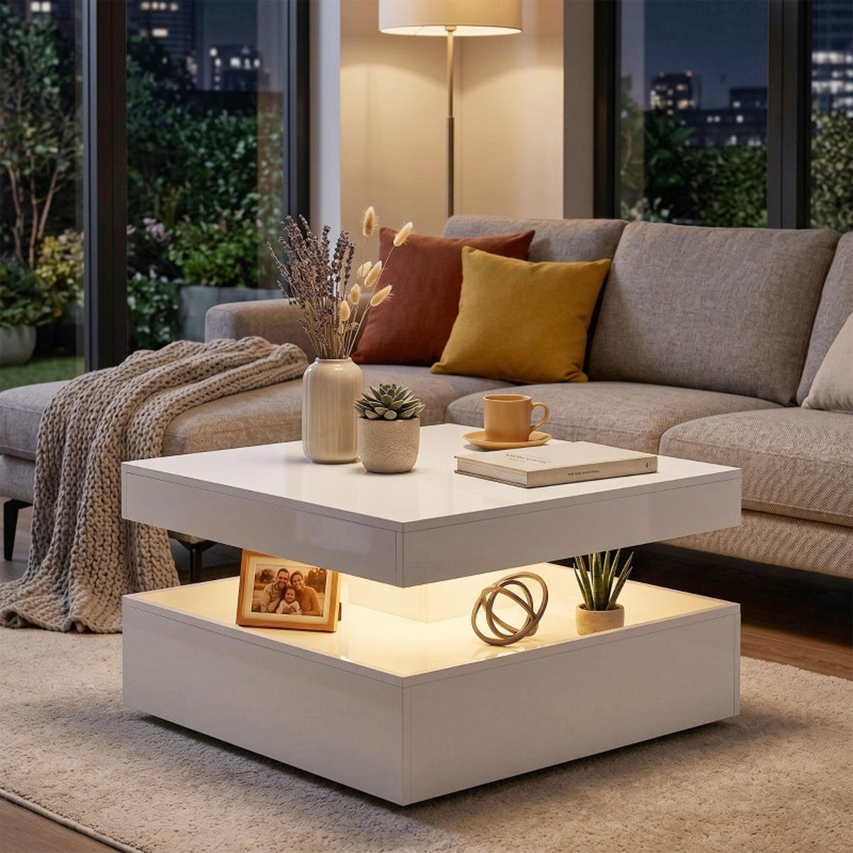 COUCHTISCH DE-37205 2-stufig mit LED und offener Ablage Weiß - Weiß, Holzwerkstoff (78/78/40cm) - ComfortXL