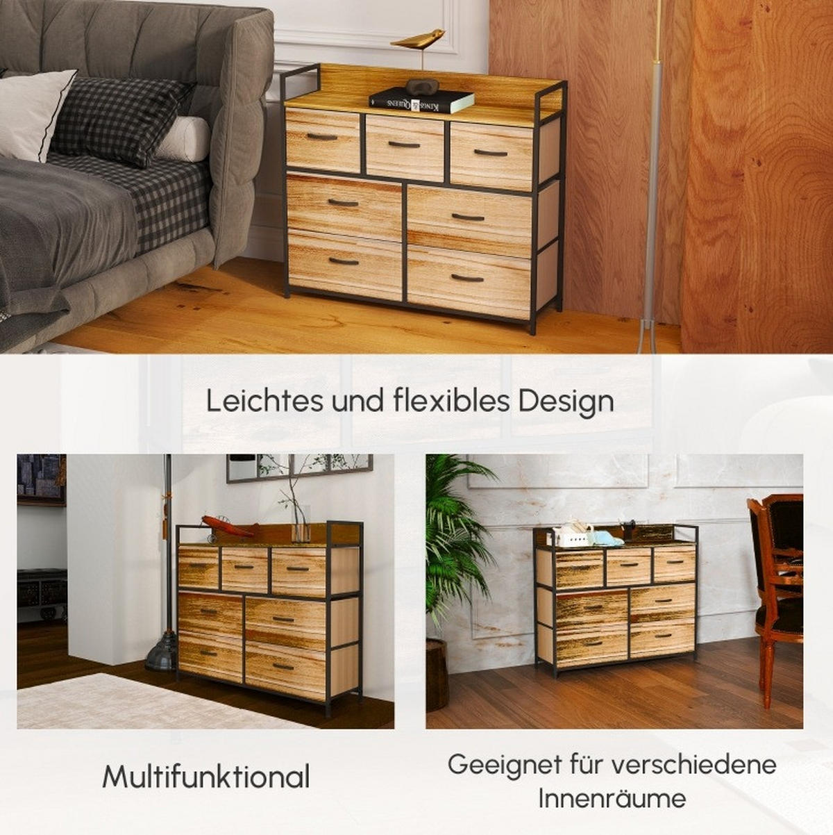KOMMODE 98/29/85 cm mit 7 Stoffschubladen und Stahlrahmen - Braun, Holzwerkstoff (98/85/29cm) - BEAOK