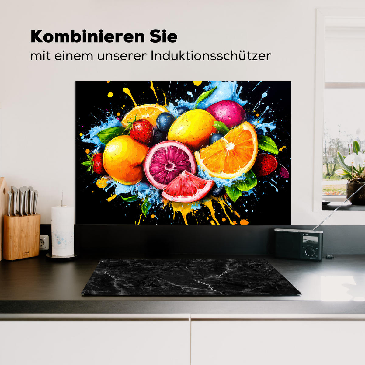 SPRITZSCHUTZ KÜCHE Obst - Graffiti - Bunt - Orange - Erdbeere - Abstrakt 90x60 cm - Orange, Metall (90/0.3/60cm) - MuchoWow