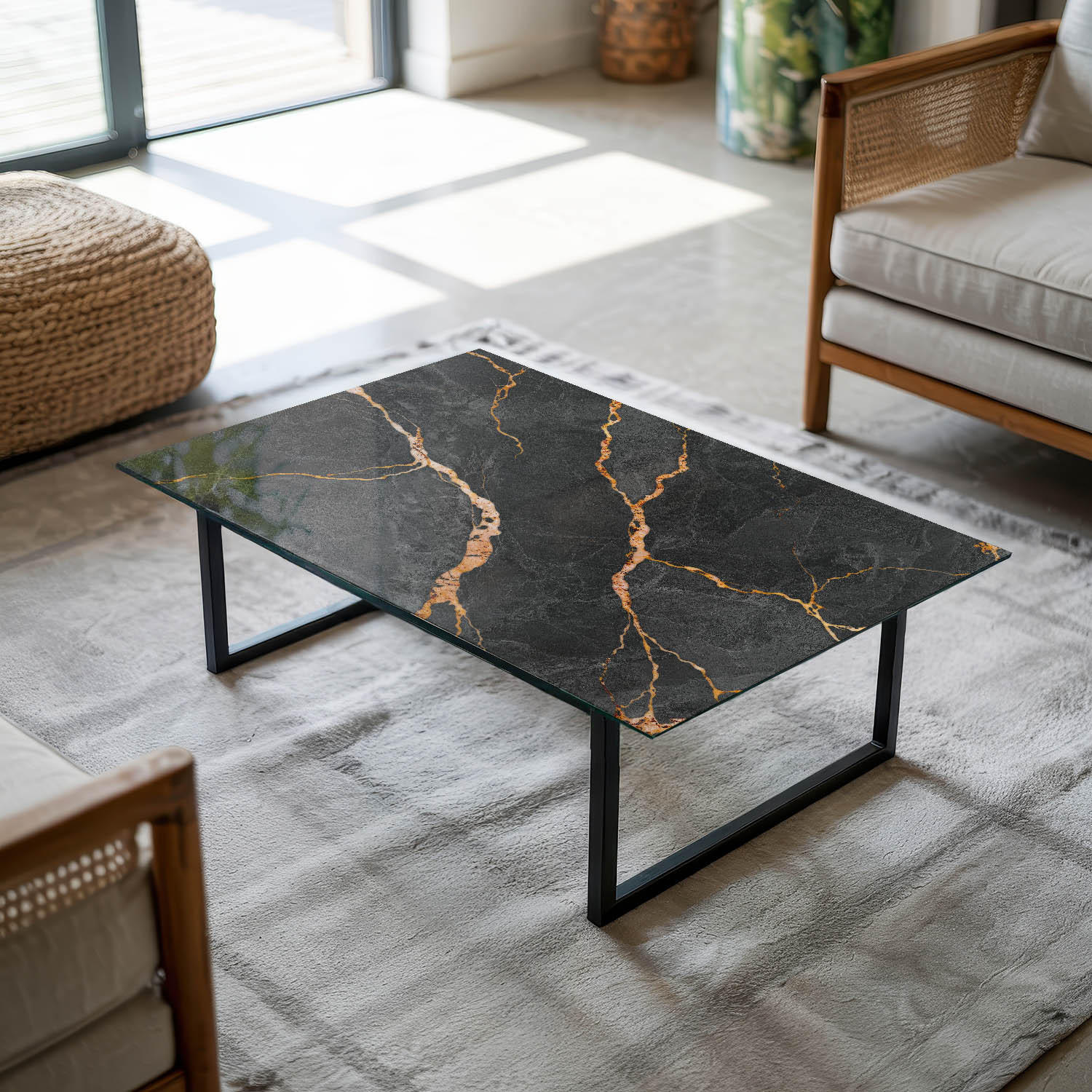 TISCHPLATTE 100x70 cm Marmoroptik mit Aderung - Goldfarben/Schwarz, Glas (100/70/0.4cm) - TULUP