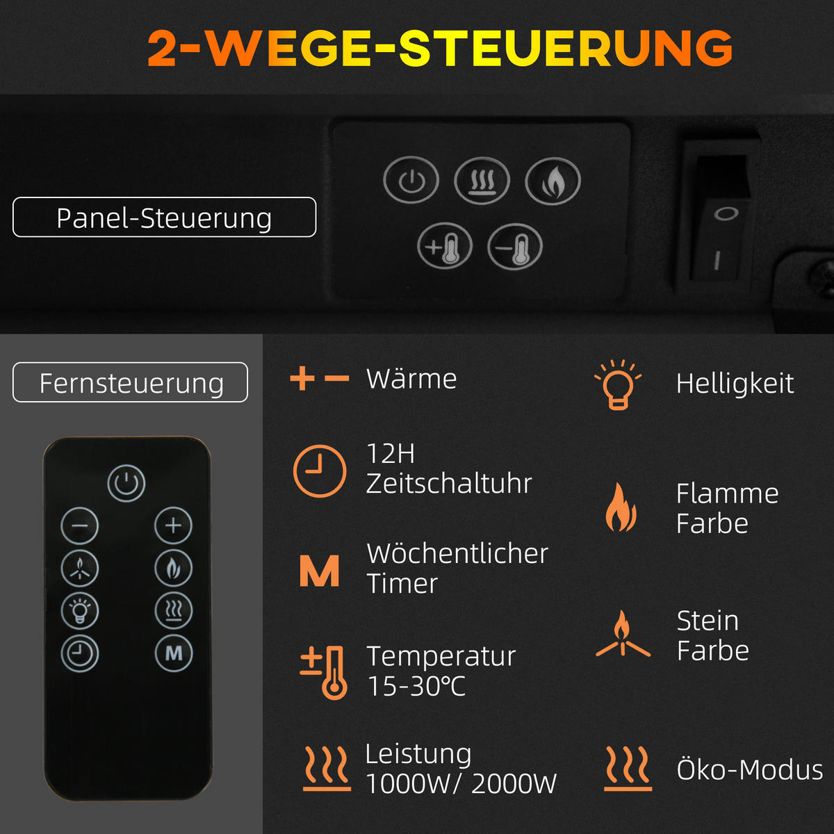 ELEKTROKAMIN 2000 W Wandkamin mit 3D-Flammeneffekt Kristalle 3 Helligkeitsstufen - Weiß, Metall (27/54.5/98cm) - HOMCOM
