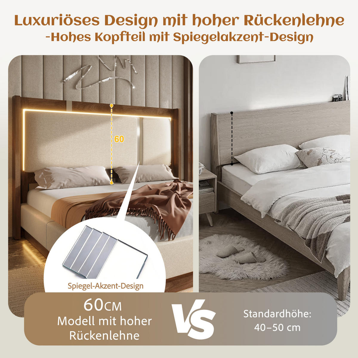 POLSTERBETT aus Leinen, Holz und Metall 180x200 cm Beige/Walnuss mit LED-Beleuchtung, Bettkasten und Lattenrost - Beige, Textil (180/200cm) - Modfu