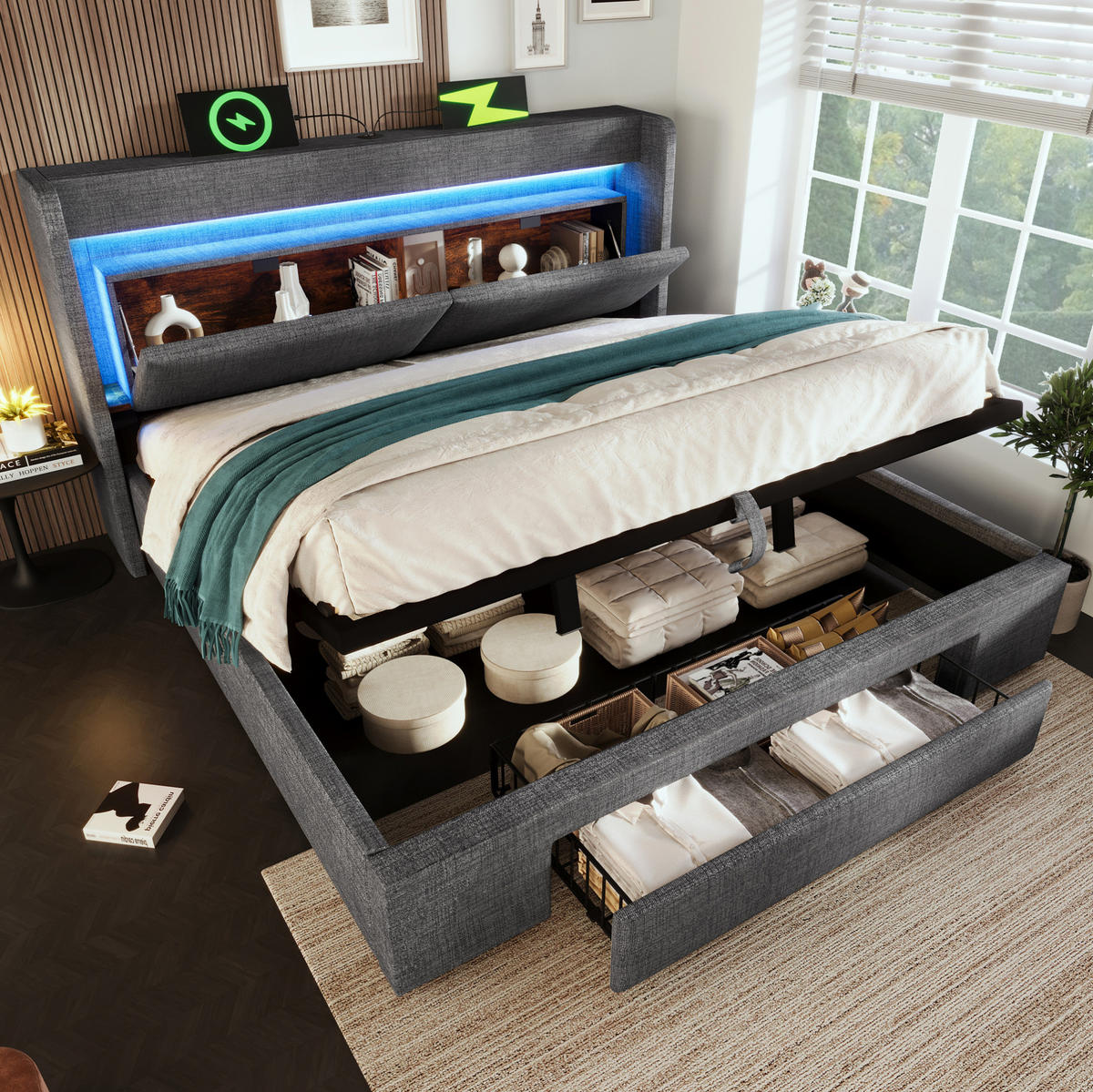 POLSTERBETT 160/200 cm grau aus Leinen mit LED, Stauraum und Matratze - Grau, Textil (160/200cm) - OKWISH