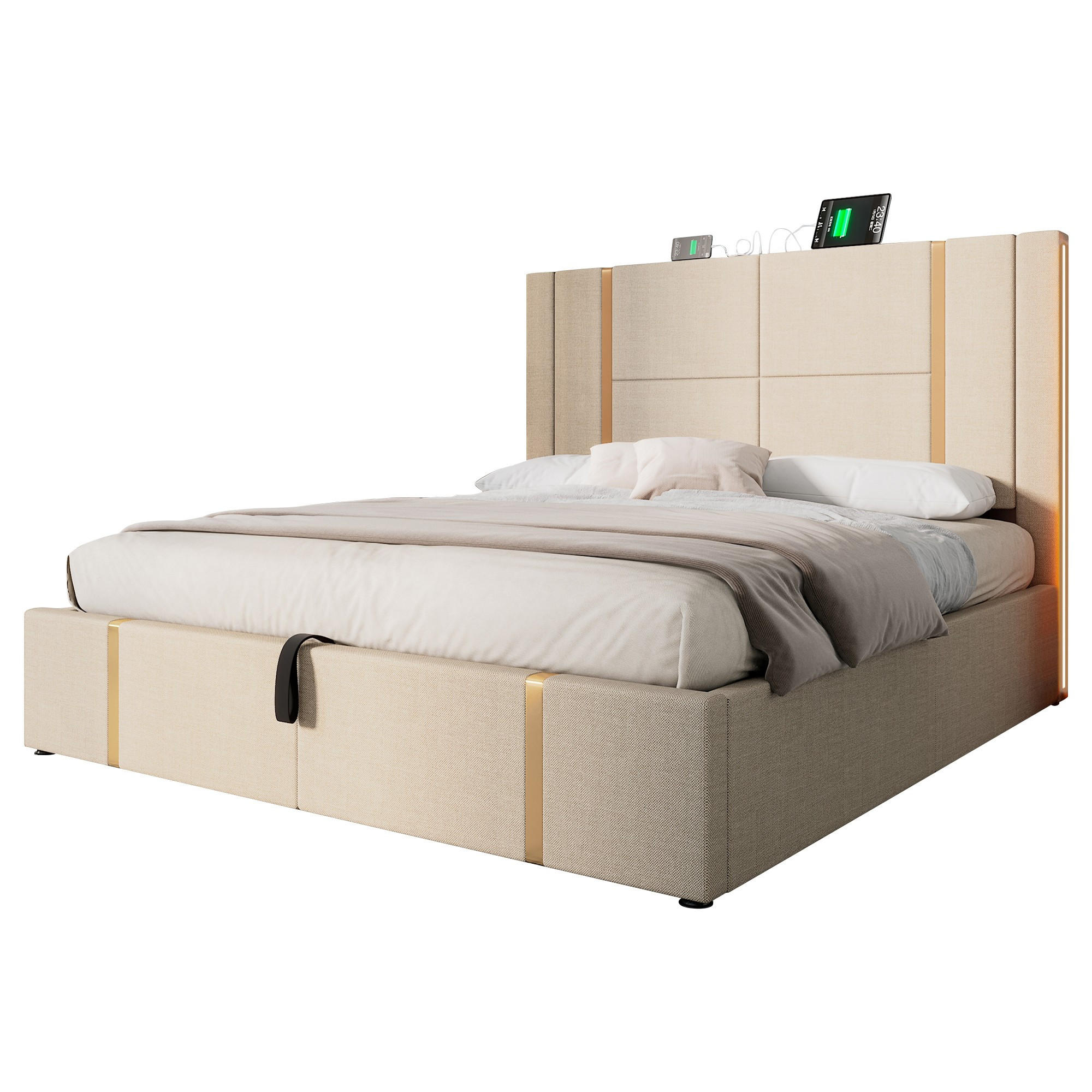 POLSTERBETT 160/200 cm Beige mit USB- und Type-C-Anschlüssen und LED-Beleuchtung - Beige, Textil (160/200cm) - OKWISH