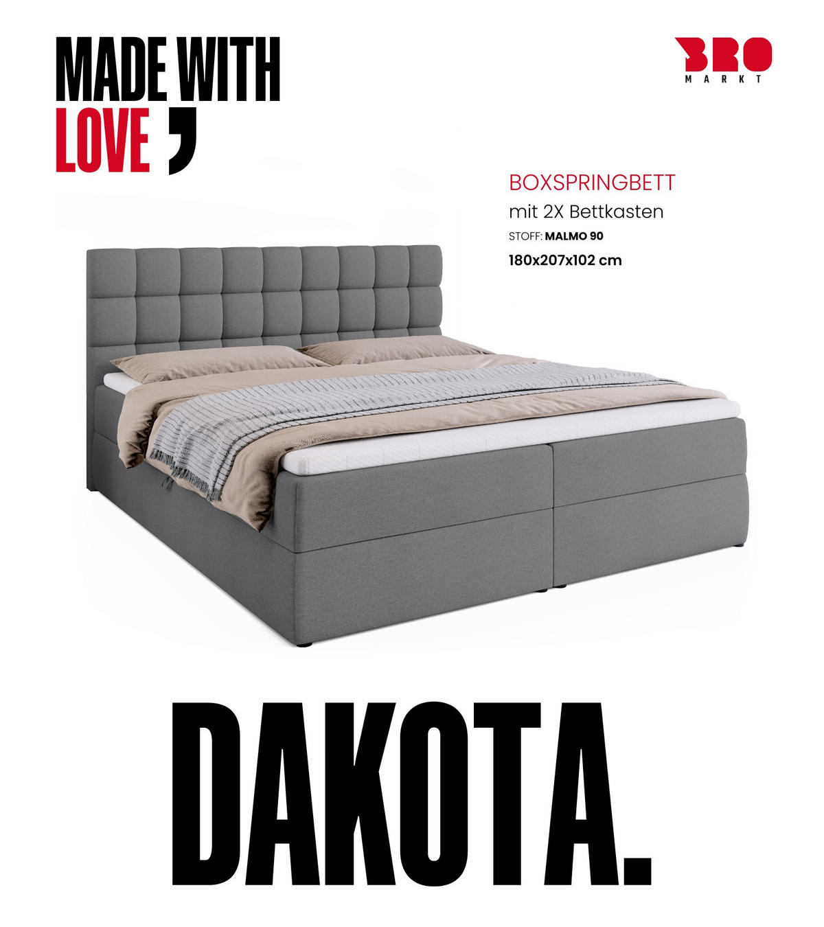 BOXBETT Dakota mit Topper 180/200 Hellgrau - Hellgrau, Textil (180/200cm) - Bromarkt