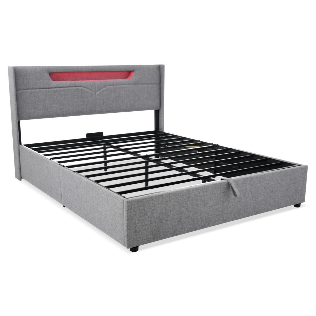 BETT mit Stauraum, LED und USB 160x200 cm Leinen Grau - Grau, Metall (160/200cm) - Meubliv