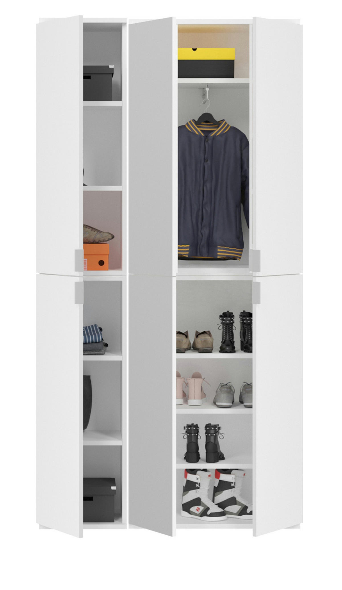 SCHUHSCHRANK weiß Hochglanz 91 cm, Garderobenschrank 6 Türen, 15 Fächer - Weiß Hochglanz/Silberfarben, Holzwerkstoff/Kunststoff (91/193/34cm) - Inn.Furn