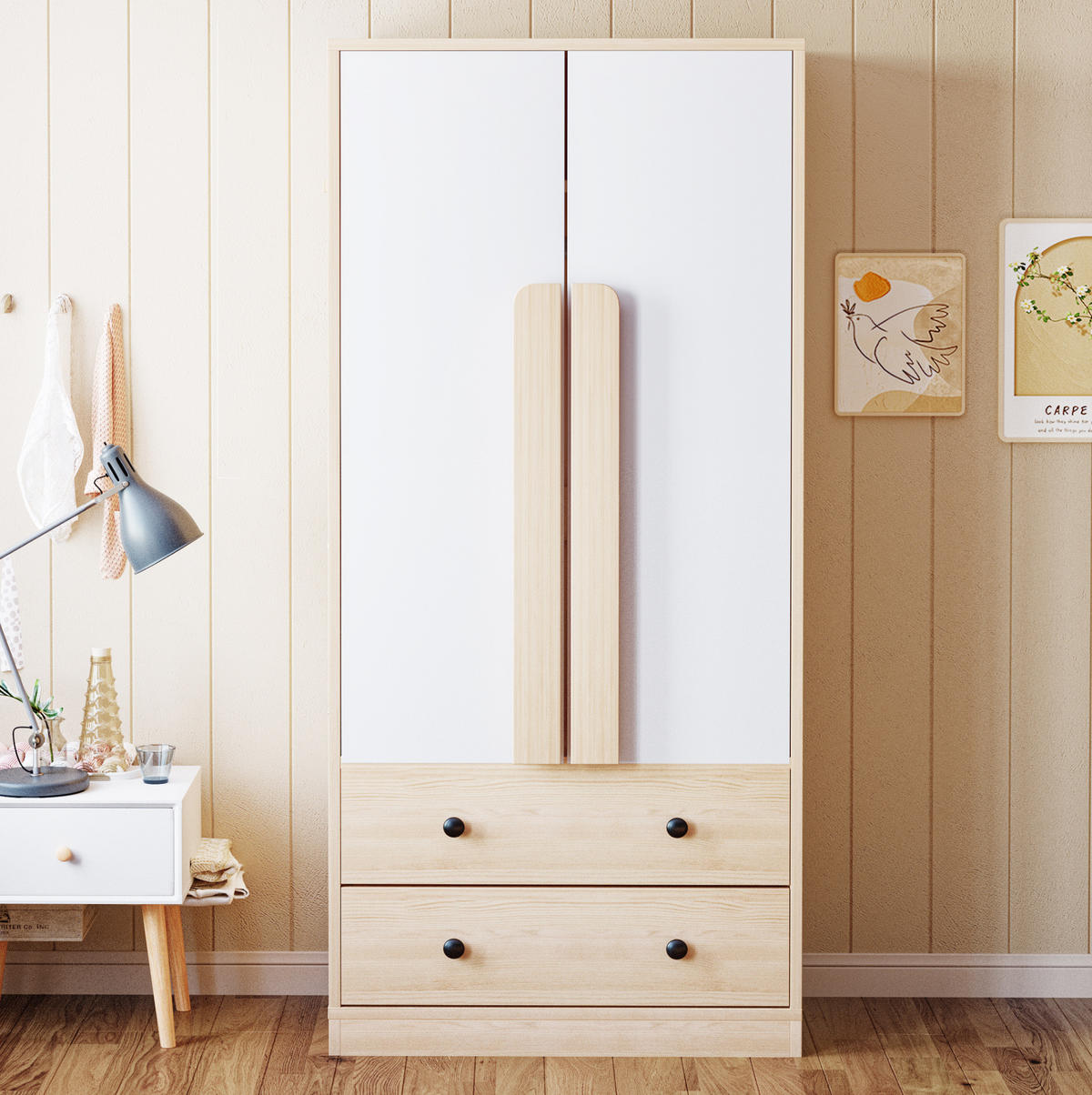 KLEIDERSCHRANK 70/170/40 cm Weiß/Holzfarbe aus Holz mit 2 Schubladen - Naturfarben, Holzwerkstoff (40/170/70cm) - OKMYHOME