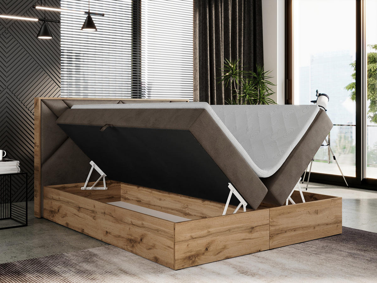 BOXBETT GUNAR - 140/200 Braun Velvet - H3 - Braun, Holz/Textil (140/200cm) - MKS