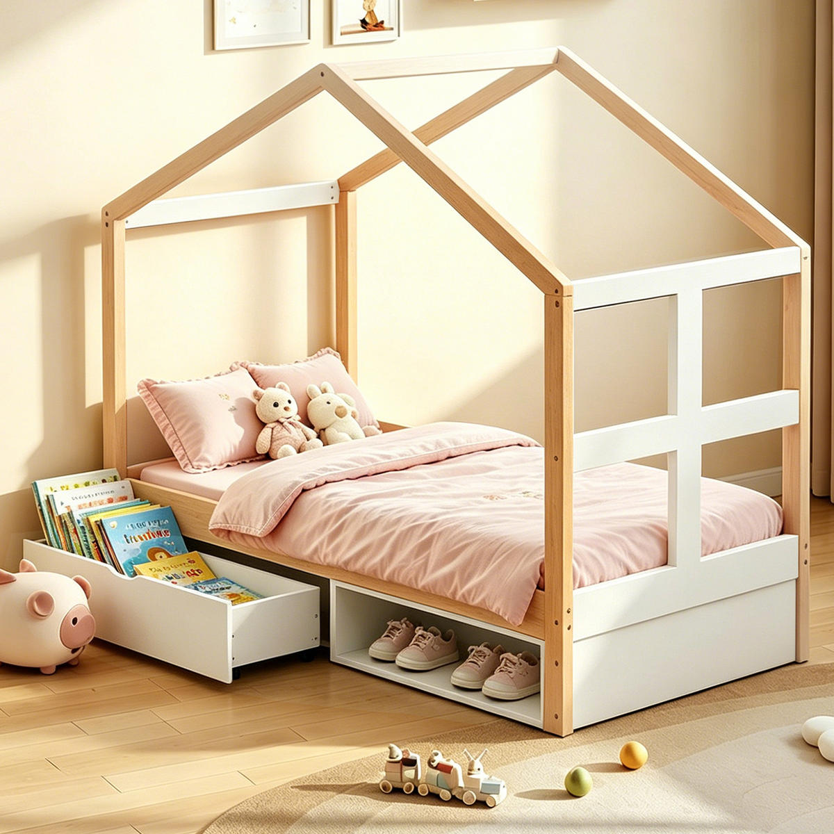 JUGENDBETT 90/190 cm in Natur mit Schublade, Schuhschrank und LED - Naturfarben, Holz/Holzwerkstoff (90/190cm) - WISHDOR