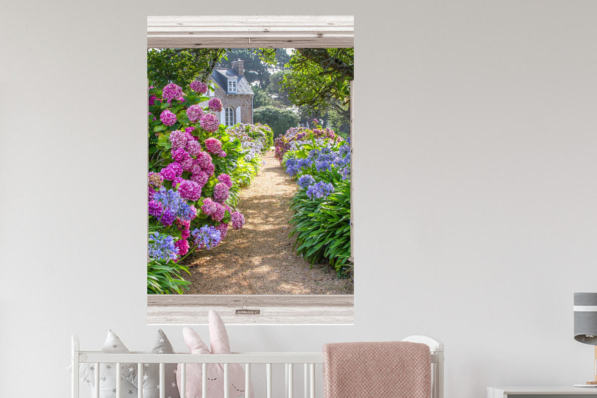 WANDTATTOO Hortensie - Fensterblick - Blumen - Sommer - Lila - Weg 80x120 cm - Lila, Kunststoff (80/120/0.1cm) - MuchoWow