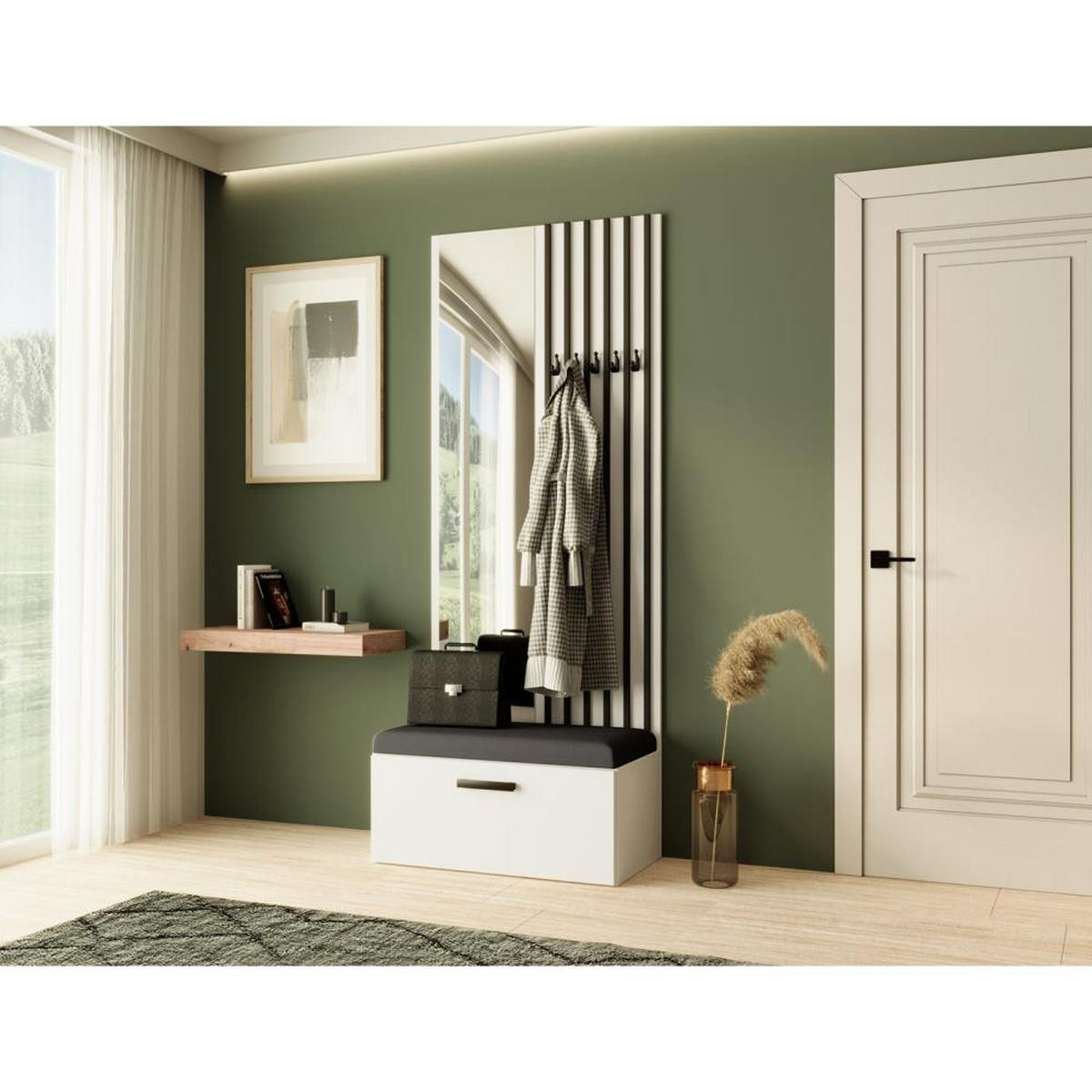 GARDEROBE Margaret II 81/203/43 mit Lamellen und Spiegel - Schwarz/Weiß, Holzwerkstoff/Kunststoff (81/203/43cm) - Beautysofa