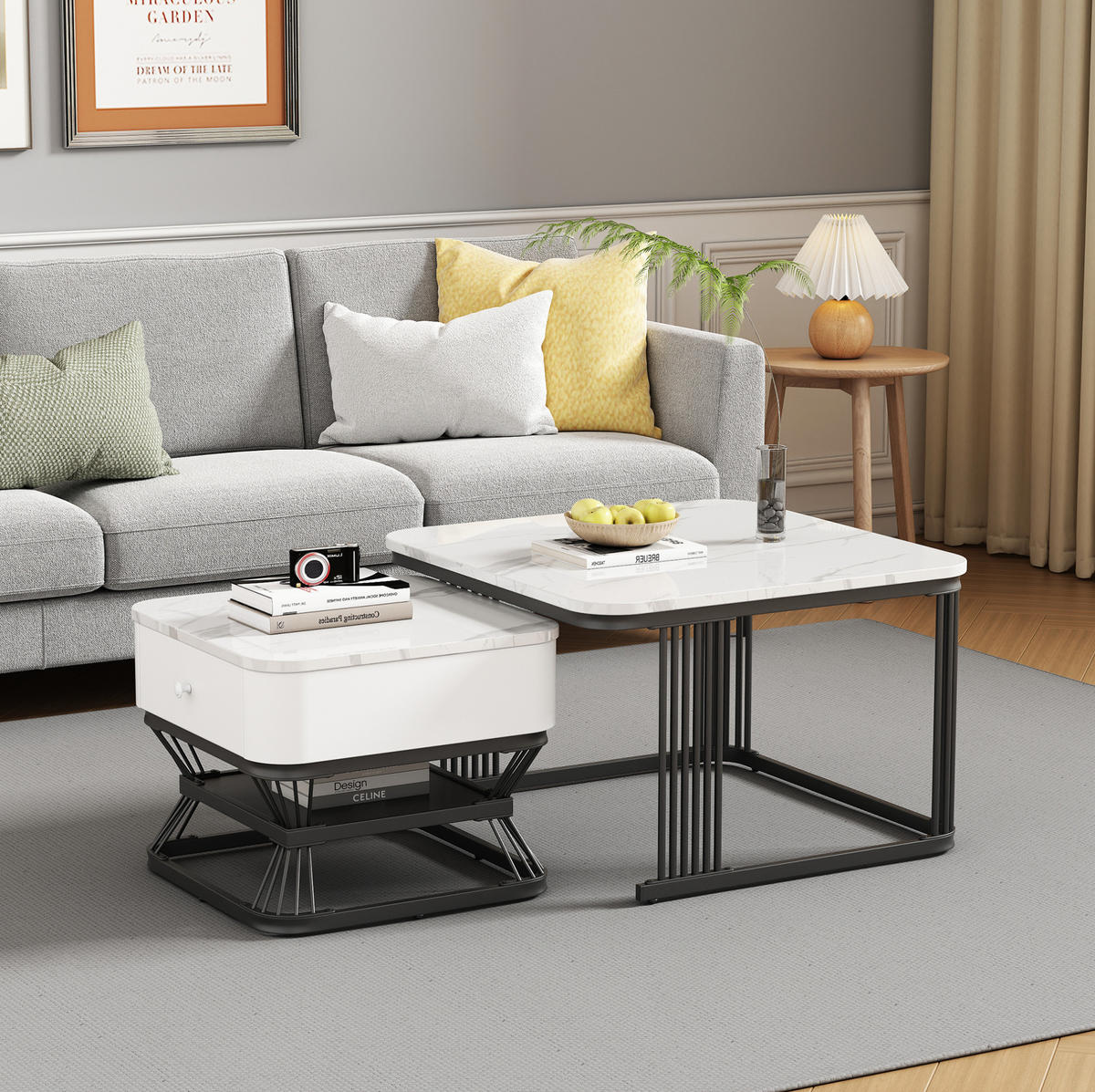 COUCHTISCH-SET 70/70/45 + 50/50/40 cm mit Schublade in Marmoroptik - Weiß, Glas (70/70/45cm) - Flora Grace