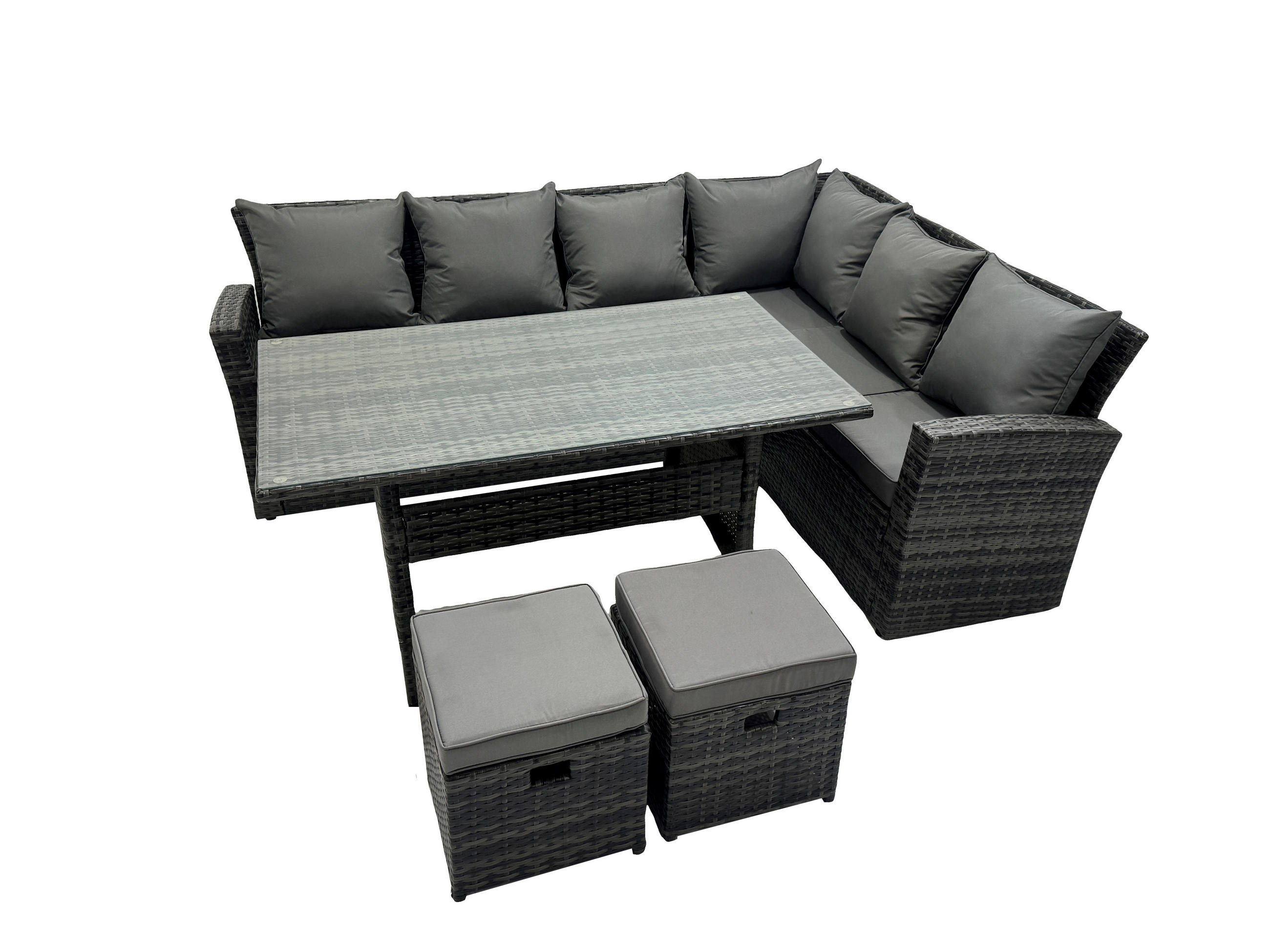 LOUNGEGARNITUR mit Couchtisch Sofa,2 Hocker Polyrattan Dunkelgrau 8-Sitzer - Dunkelgrau/Grau, Glas/Kunststoff - Fimous