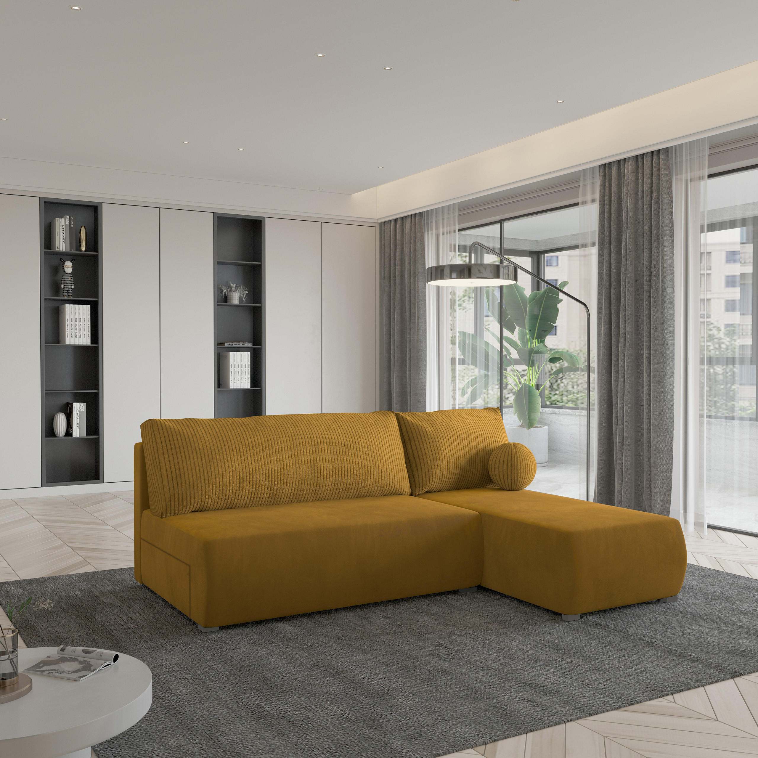 ECKSOFA PARVELO Gelb Plüsch-Stoff mit Schlaffunktion - Gelb, Holz (200/143cm) - MASSENO
