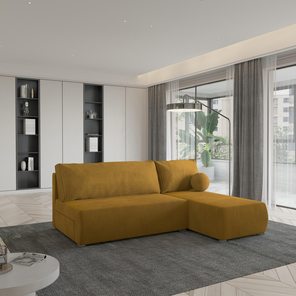 ECKSOFA PARVELO Gelb Plüsch-Stoff mit Schlaffunktion - Gelb, Holz (200/143cm) - MASSENO