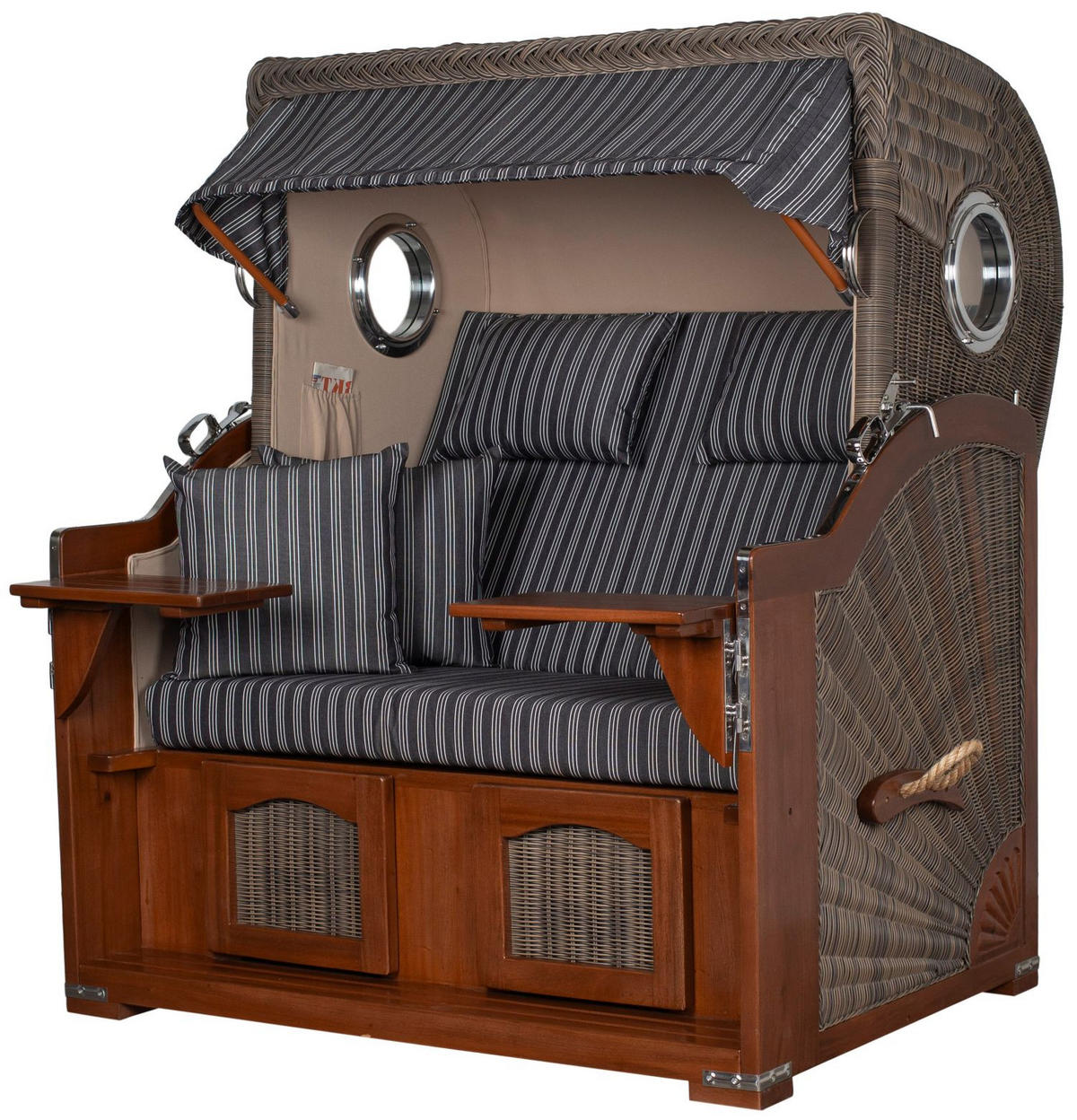 STRANDKORB Komplettset: Ammersee Grande XL Mahagoni Bullauge - PE grau - Modell 500 - Grau, Holz/Kunststoff (142/165/95cm) - bene living