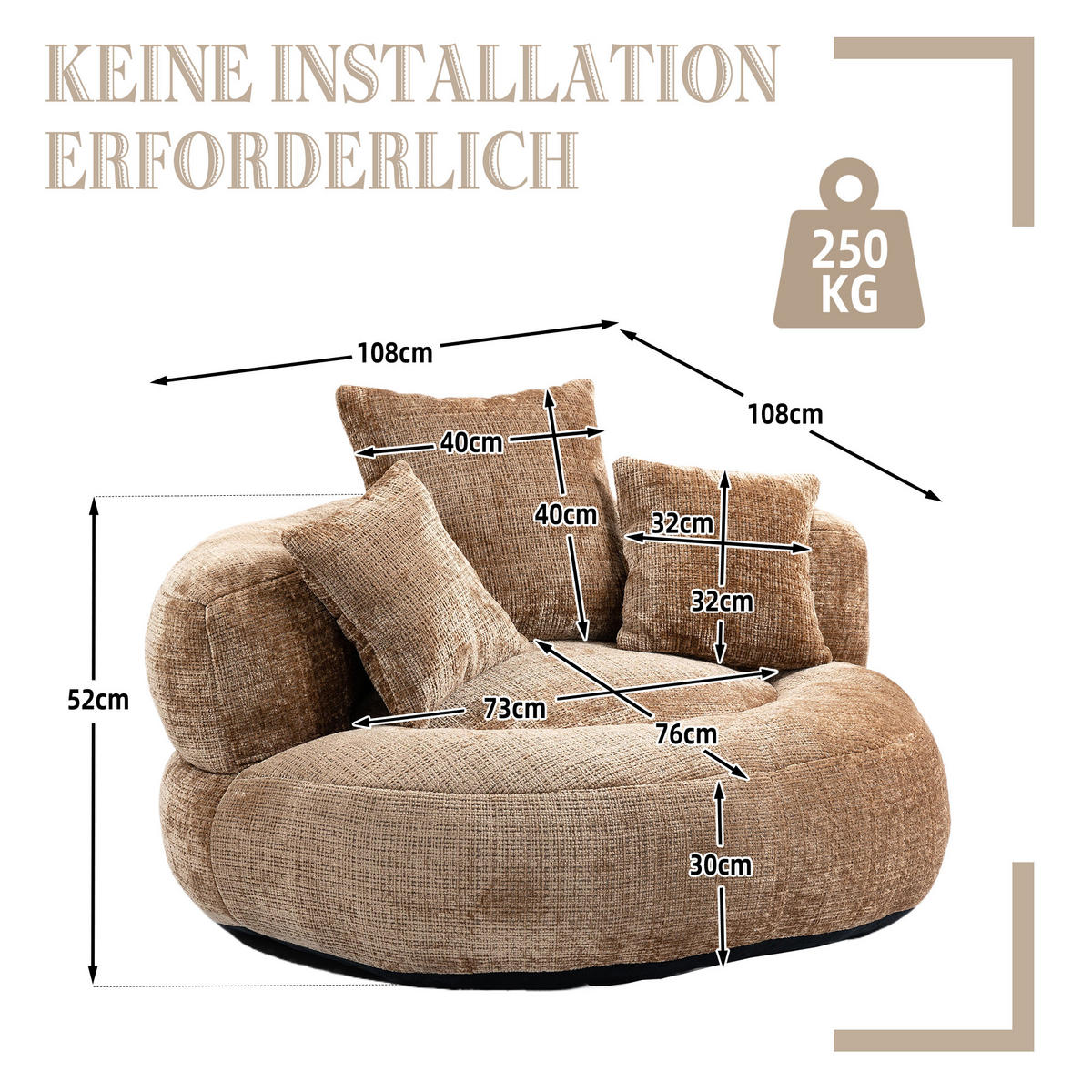 SITZSACK Chenille Kaffee mit Armlehnen - Braun, Textil (108/52/108cm) - WISHDOR