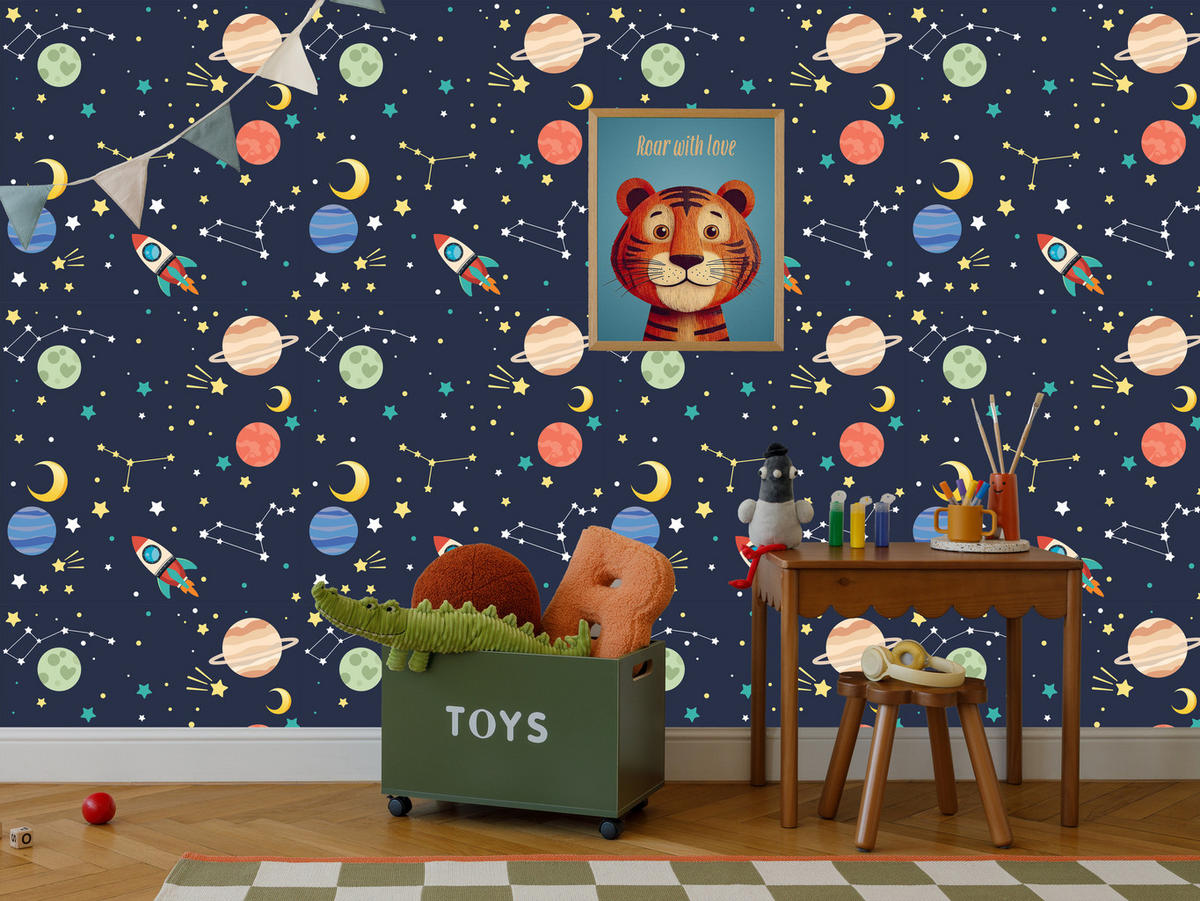 VLIESTAPETE Weltraum, Planeten und Raketen – Dunkelblau, Bunt – 50x1000 cm - Multicolor/Dunkelblau, Papier (50/1000cm) - Muralo