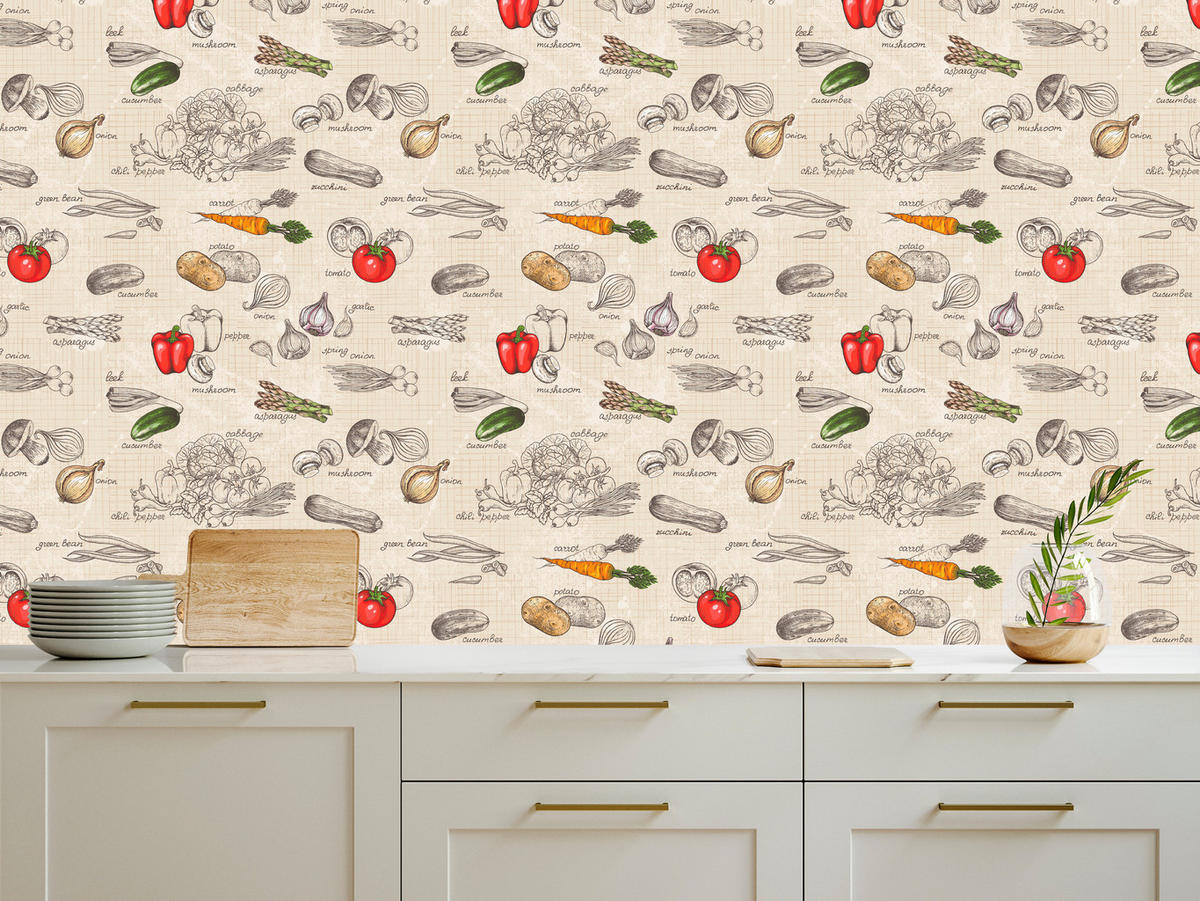 VLIESTAPETE Gemüse und Schriftzüge im Retro-Stil – Bunt, Beige – 50x1000 cm - Beige/Multicolor, Papier (50/1000cm) - Muralo