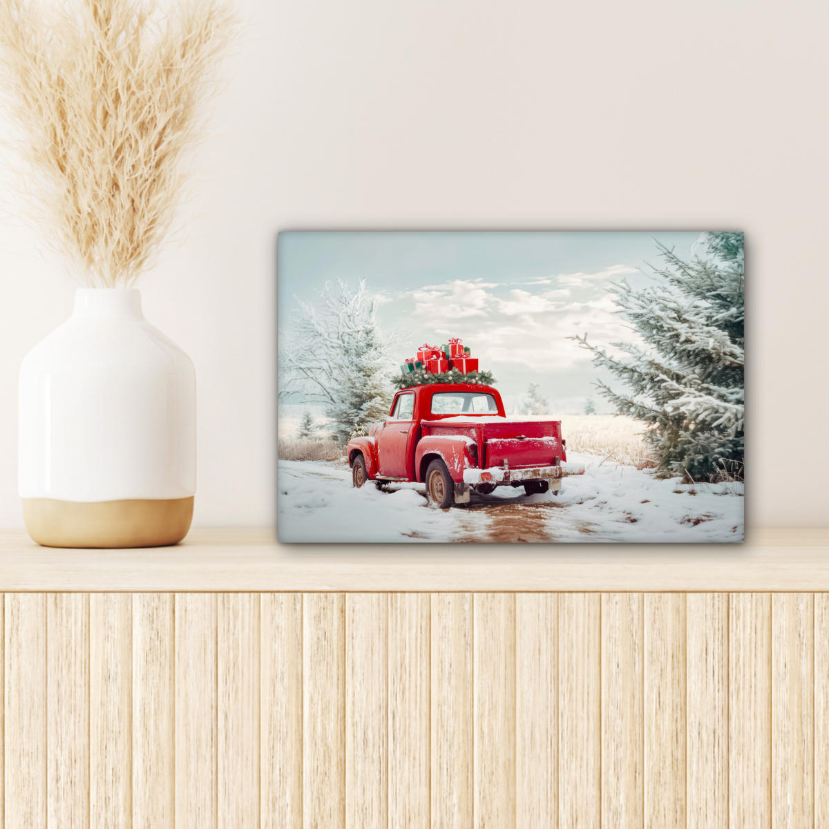 LEINWANDBILD Auto - Rot - Geschenke - Winter - Schnee - Weihnachten 30x20 cm - Rot, Textil (30/20cm) - MuchoWow