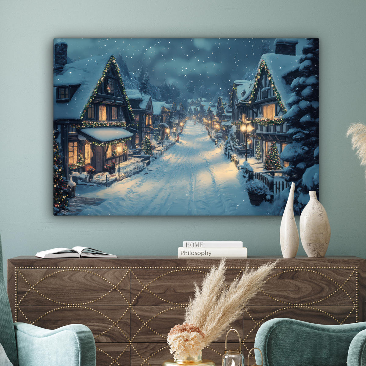 LEINWANDBILD Weihnachtsdorf - Weihnachten - Schnee - Winter XXL 150x100 cm - Dunkelblau, Textil (150/100cm) - MuchoWow