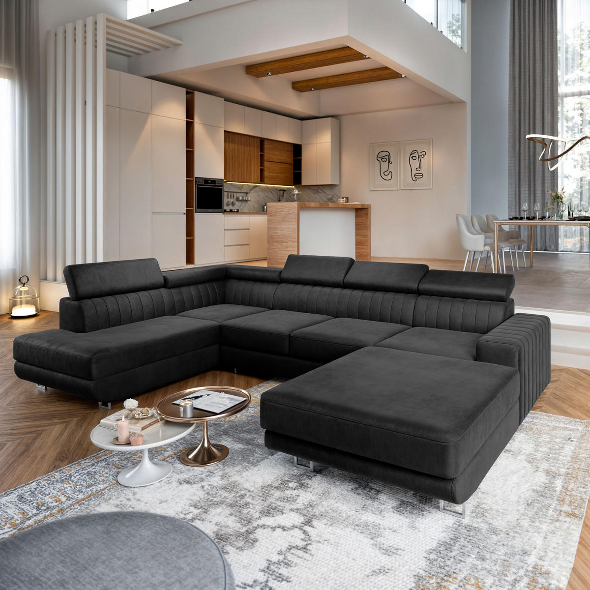 WOHNLANDSCHAFT SIENA L-S Schwarz Velours-Stoff mit Schlaffunktion - Schwarz, Holz (335/89/190cm) - MASSENO