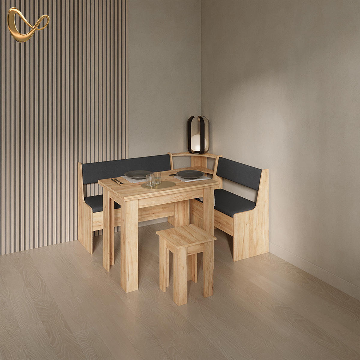 ECKBANKGRUPPE Tiberio Goldkraft Eiche 150 x 120 cm mit Tisch - Honigeiche, Holzwerkstoff (150/80/120cm) - Livinity®