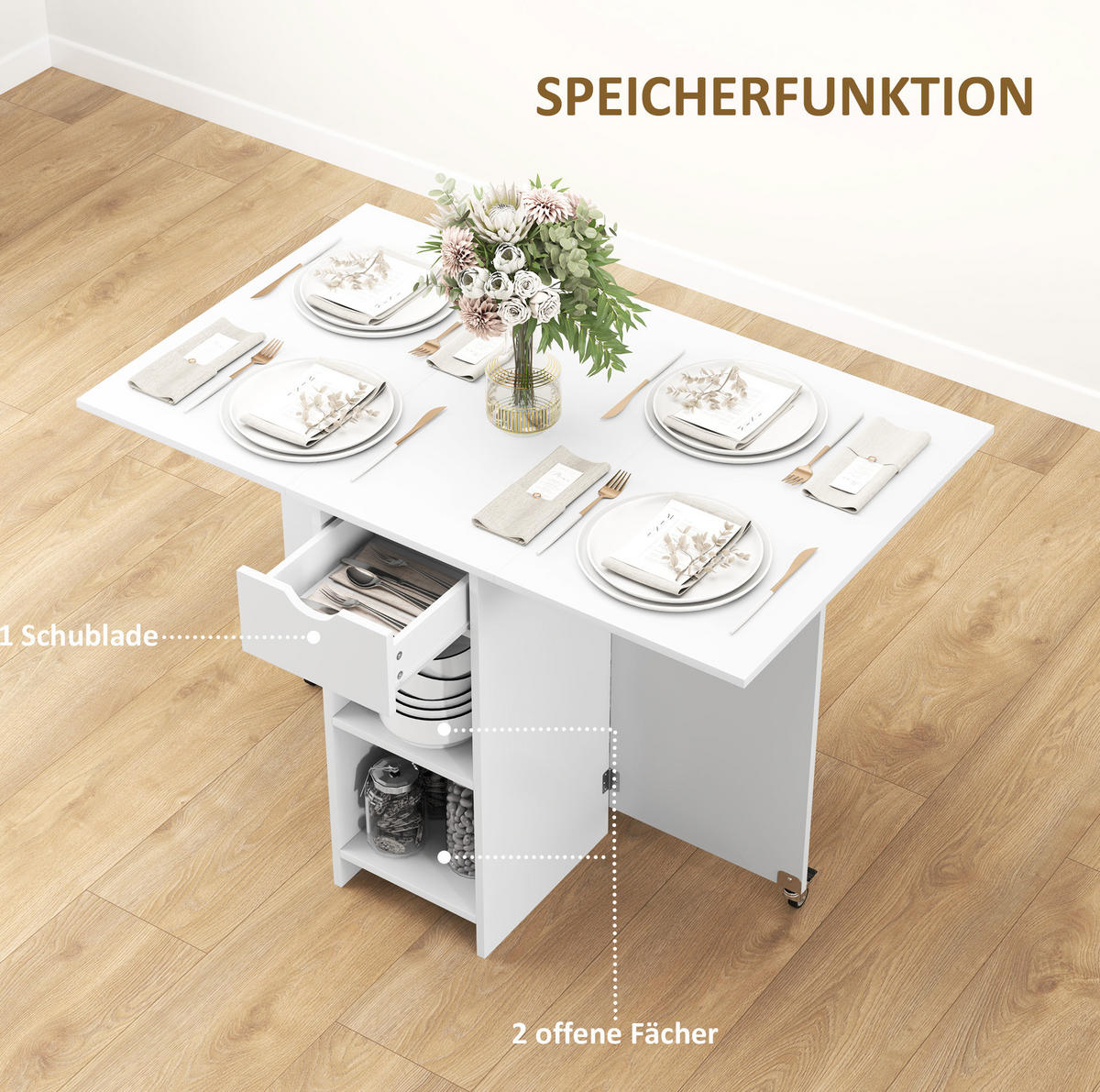 KLAPPTISCH für 2-4 Personen 114,5/70/75 cm mit Ablagen und Schublade, Weiß - Weiß, Holzwerkstoff (114.5/70/75cm) - BEAOK