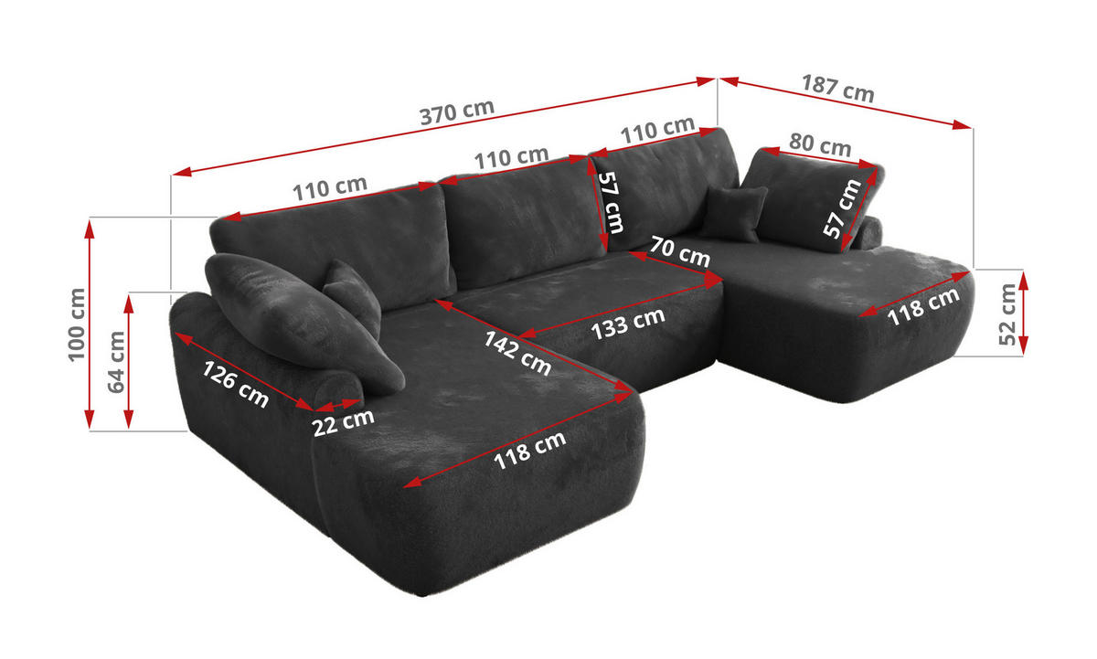 WOHNLANDSCHAFT CUBO U Dunkelgrau Plüsch - Dunkelgrau/Schwarz, Kunststoff/Textil (370/100/187cm) - MKS