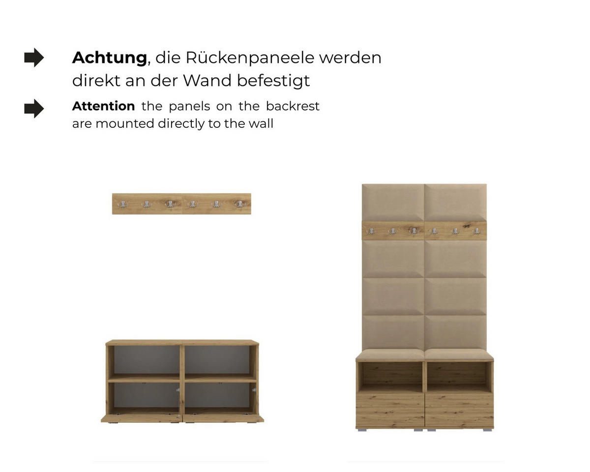 GARDEROBE NELA IX 200 cm (Modulare Flurmöbel Artisan Eiche mit Sitzpolster Schwarz 16 Breite Sitzbank) - Silberfarben/Schwarz, Holz/Holzwerkstoff (200/187/40cm) - Ravio