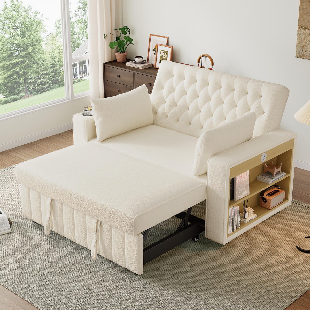 SCHLAFSOFA Multifunktion mit Getränkehalter und USB-Ladeanschlüssen Chenille Beige 140/137/84 cm - Beige, Textil (140/84/137cm) - OKWISH