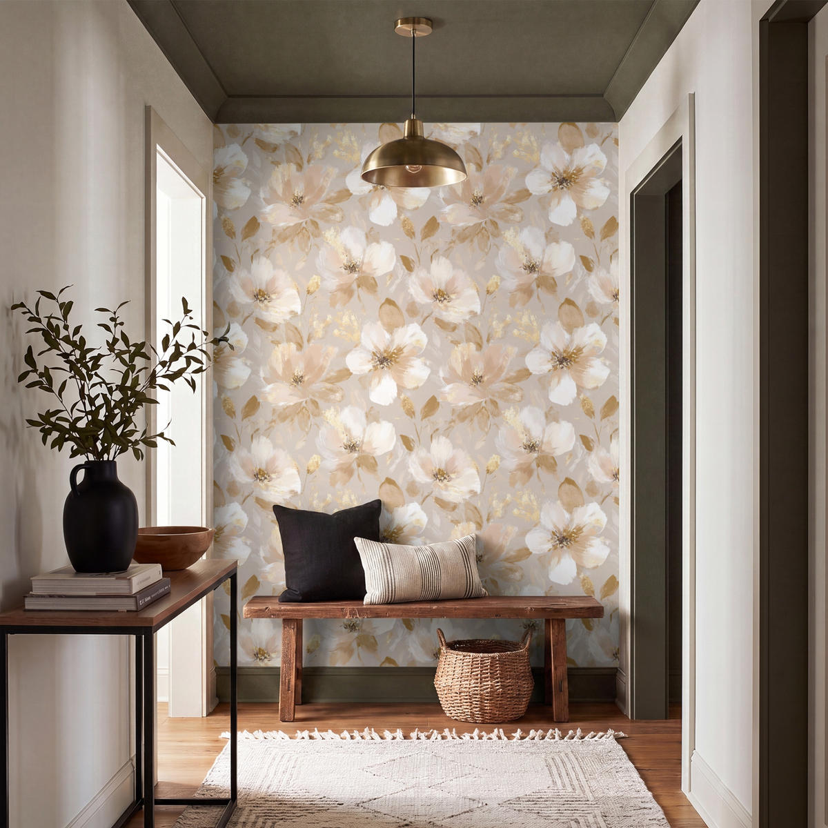 TAPETE - Blumen - künstlerisch - Gold - 200x260 cm - Beige, Papier (200/260cm) - OnlyWow