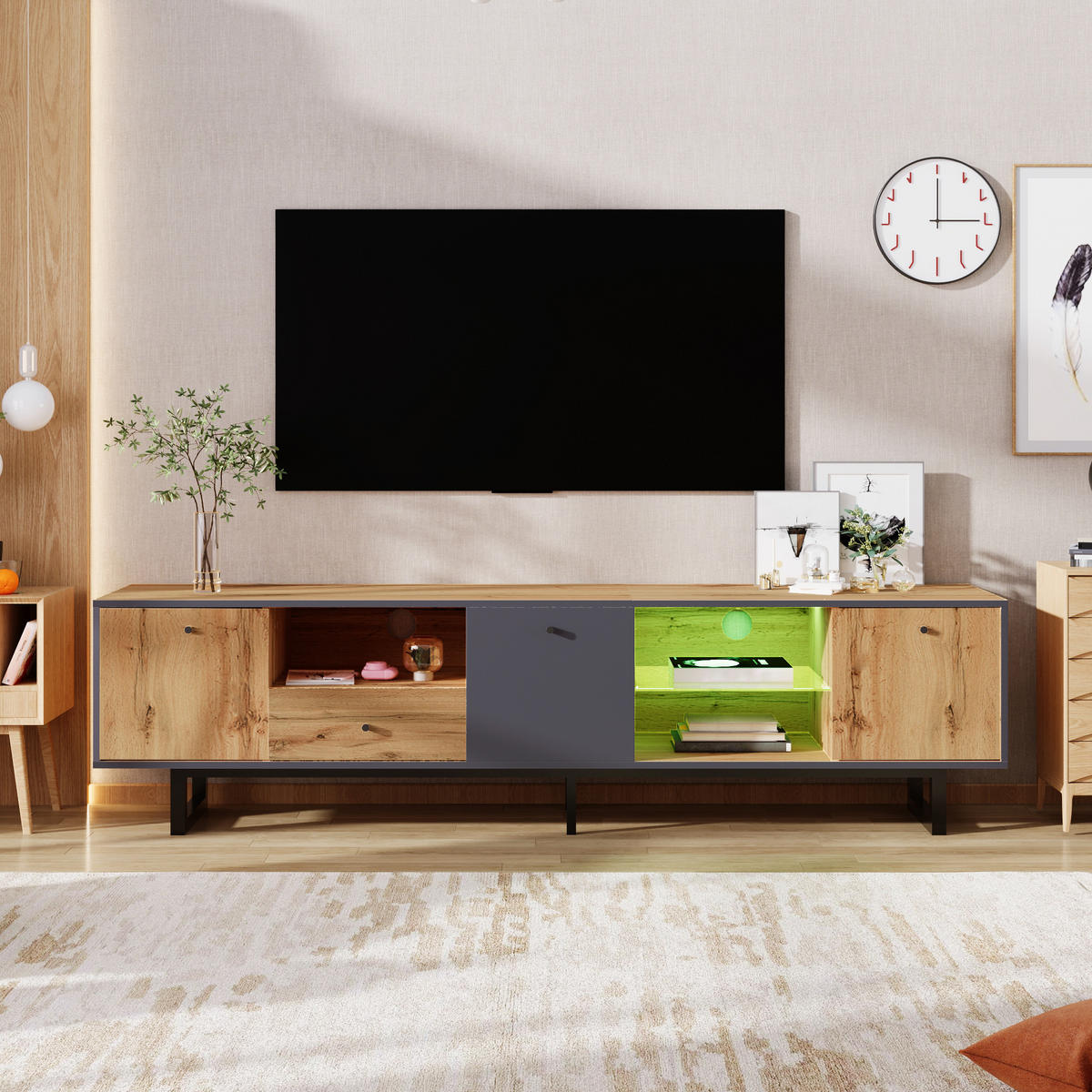 TV-LOWBOARD in Holz/Anthrazit mit LED und Glasböden 190/40/50 cm - Eichefarben, Holzwerkstoff (190/50/40cm) - Redom