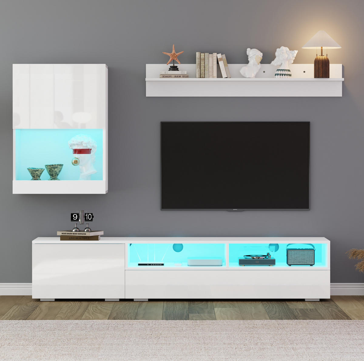 TV-WOHNWAND-SET 175/39/34 cm aus Spanplatte mit LED-Beleuchtung und Hochglanzfronten Weiß - Weiß, Holzwerkstoff (175/34/39cm) - Modenvie