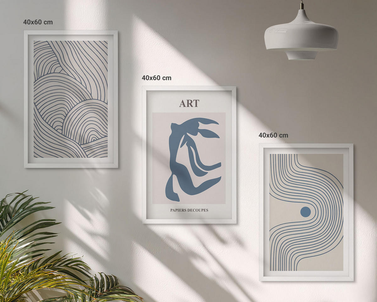 WANDBILDER 3er-Set - 40x60 cm Weißer Rahmen - Abstrakte blaue Linien - Weiß, Kunststoff (40/60cm) - ArtPrintCave