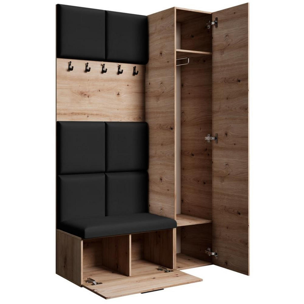GARDEROBE Margaret I+IV 121/203/43 mit gepolsterten Paneelen - Schwarz/Eiche Artisan, Holzwerkstoff/Kunststoff (121/203/43cm) - Beautysofa