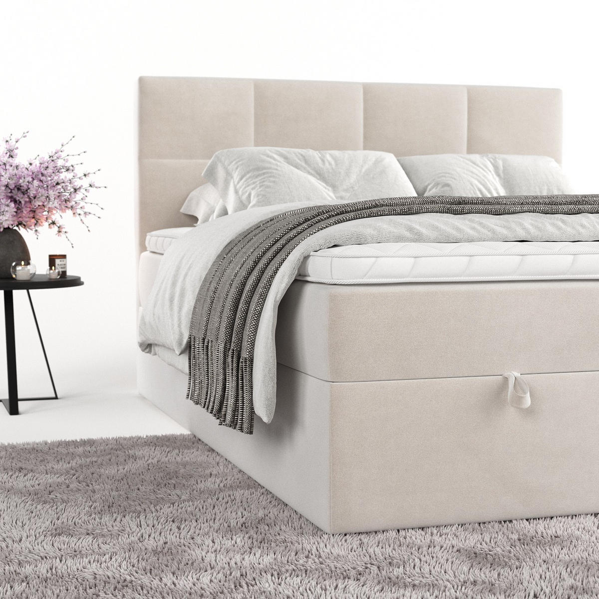 BOXBETT Velto 200/200 cm Creme im Paros Stoff - Creme/Schwarz, Holz/Holzwerkstoff (200/200cm) - AltaBeds