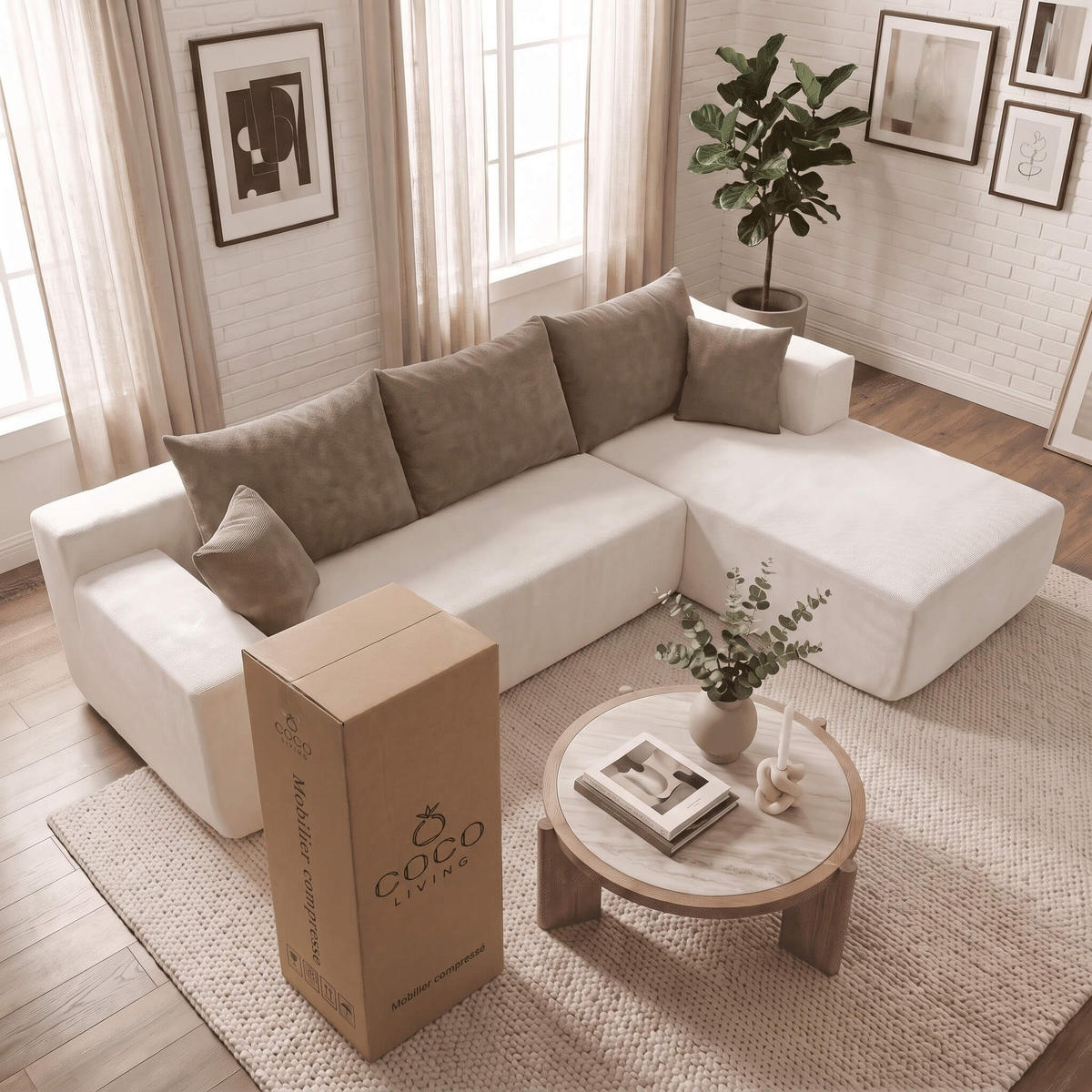 ECKSOFA Luna Weiß Sand 3-Sitzer Rechts - Beige, Textil (267/175cm) - COCO Living