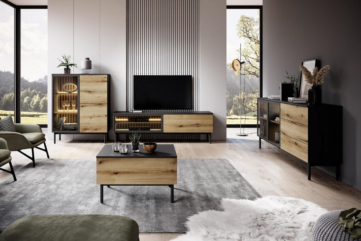 TV-SCHRANK Lango 180 Schwarz mit Eiche Evoke, Tv-Tisch mit Led-Beleuchtung - Hellbraun/Schwarz, Holzwerkstoff (180/55/39cm) - Bettso