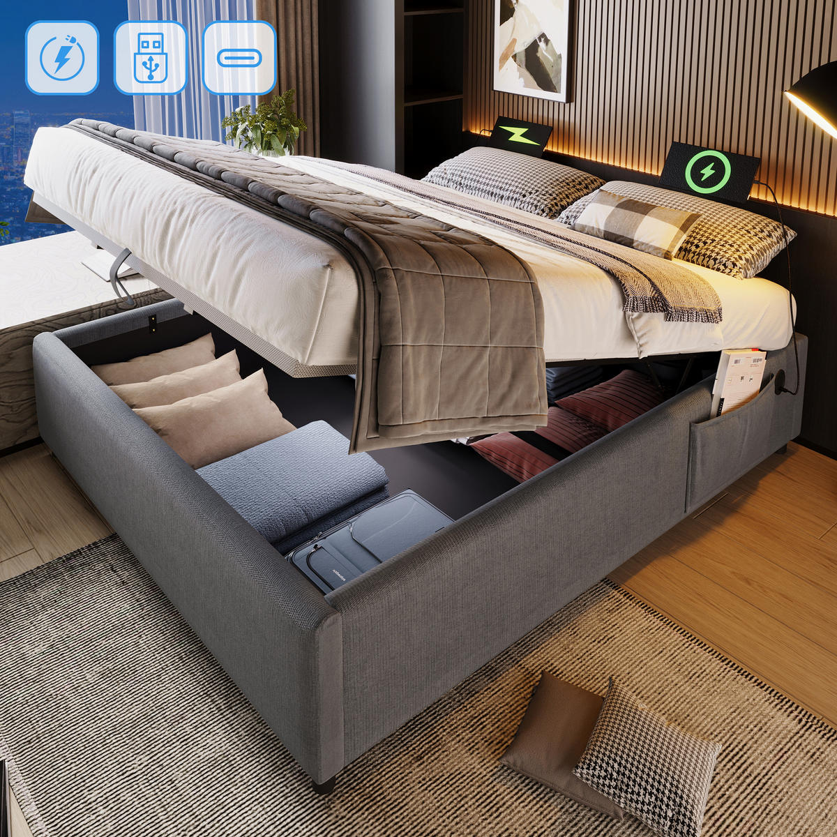 BETT mit Stauraum 160x200 cm Grau Baumwoll-Leinenstoff mit USB-C - Grau, Metall (160/200cm) - Meubliv