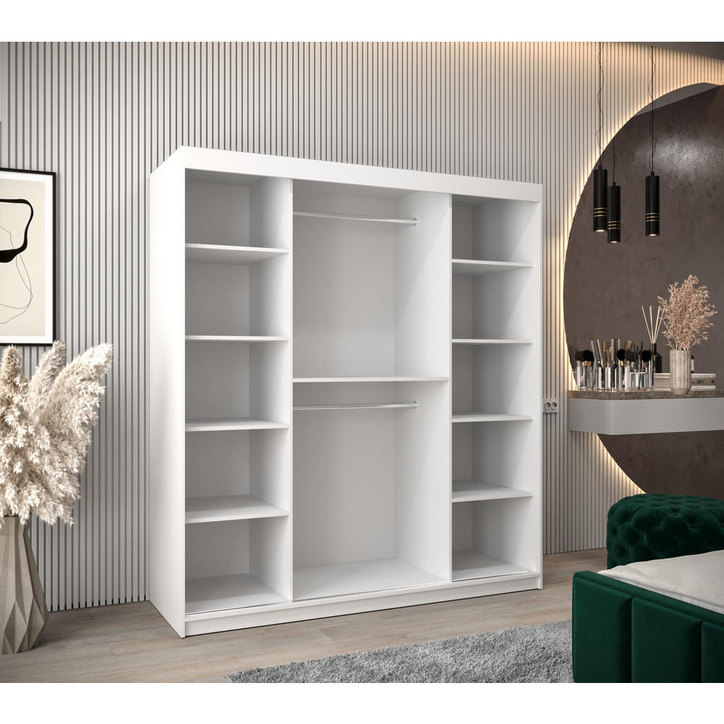 Thumbnail - Möbel Kryspol Schwebetürenschrank, Weiß, Eiche Artisan, Silber, Kunststoff, Nachbildung, 9 Fächer, 180x200x62 cm, Schlaf...