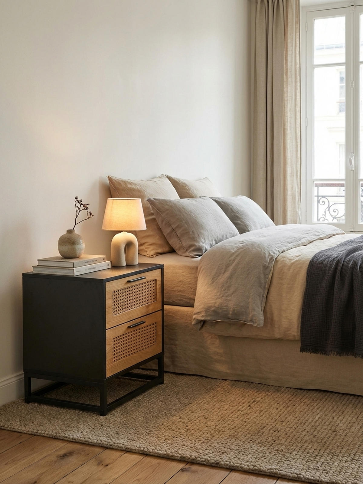 NACHTTISCH – Schwarz/Wiener Geflecht, 45x45x56 cm, Schubladen, zeitlos - Schwarz, Holzwerkstoff/Metall (45/55/45cm) - KADIMA DESIGN