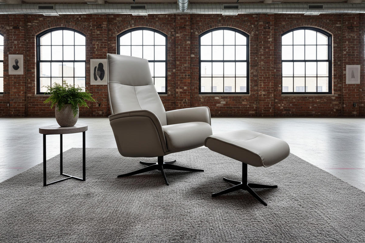 RELAXSESSEL-SET JOSIANE Grau Leder Relaxfunktion - Schwarz/Grau, Leder/Metall (78/107/87cm) - KAWOLA