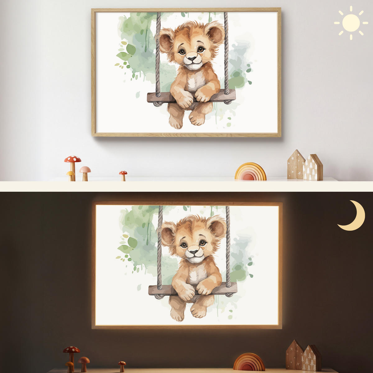 WANDLEUCHTE MIT AKKU Löwe - Tier - Kinder - Dschungel 90x60 cm - Weiß, Holzwerkstoff (90/60/8cm) - OnlyWow