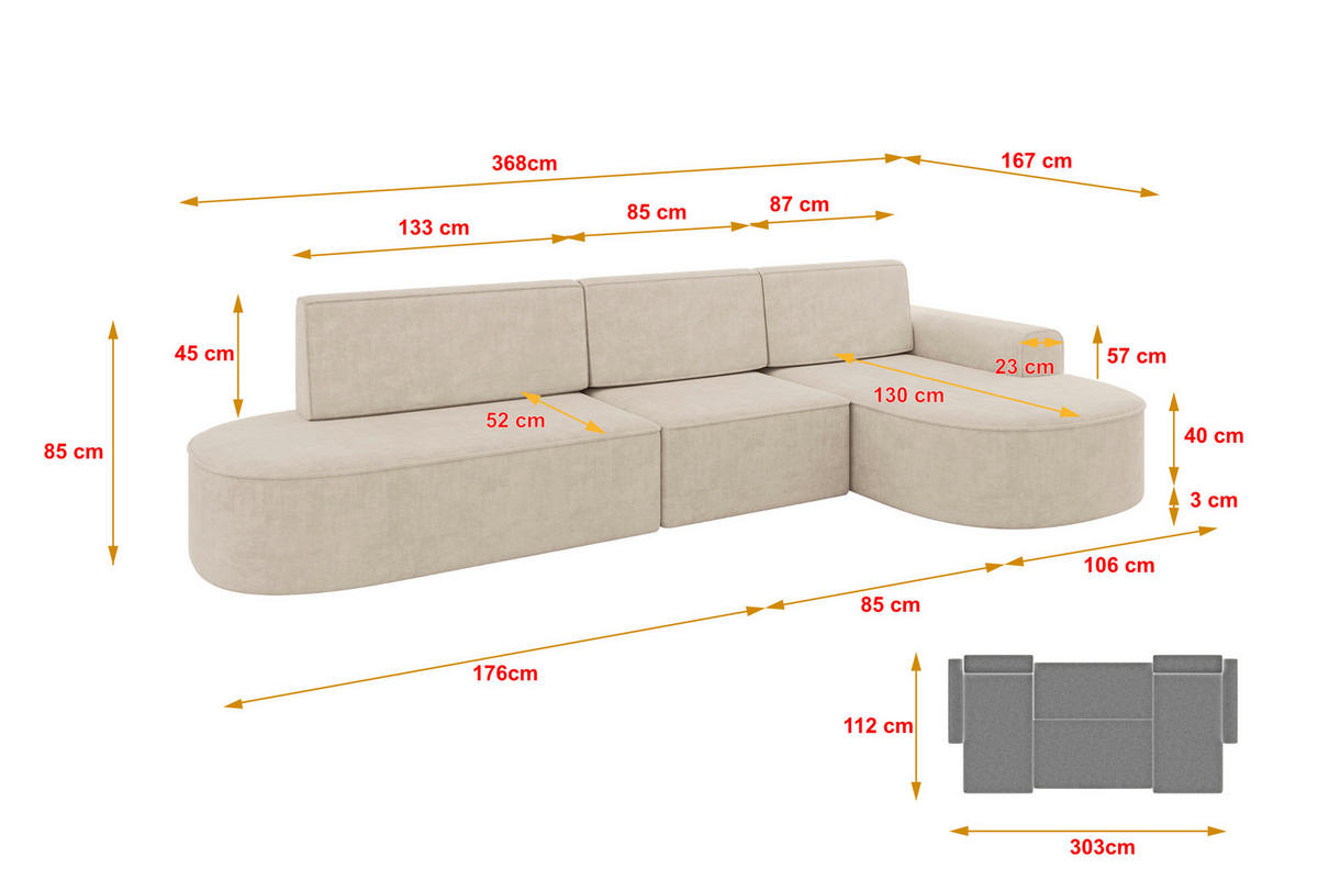 ECKSOFA mit Schlaffunktion Ottomane RECHTS MARI L2-S 368X167X85 Beige Velours - Sandfarben/Schwarz, Holzwerkstoff/Kunststoff (167/368cm) - ALTDECOR